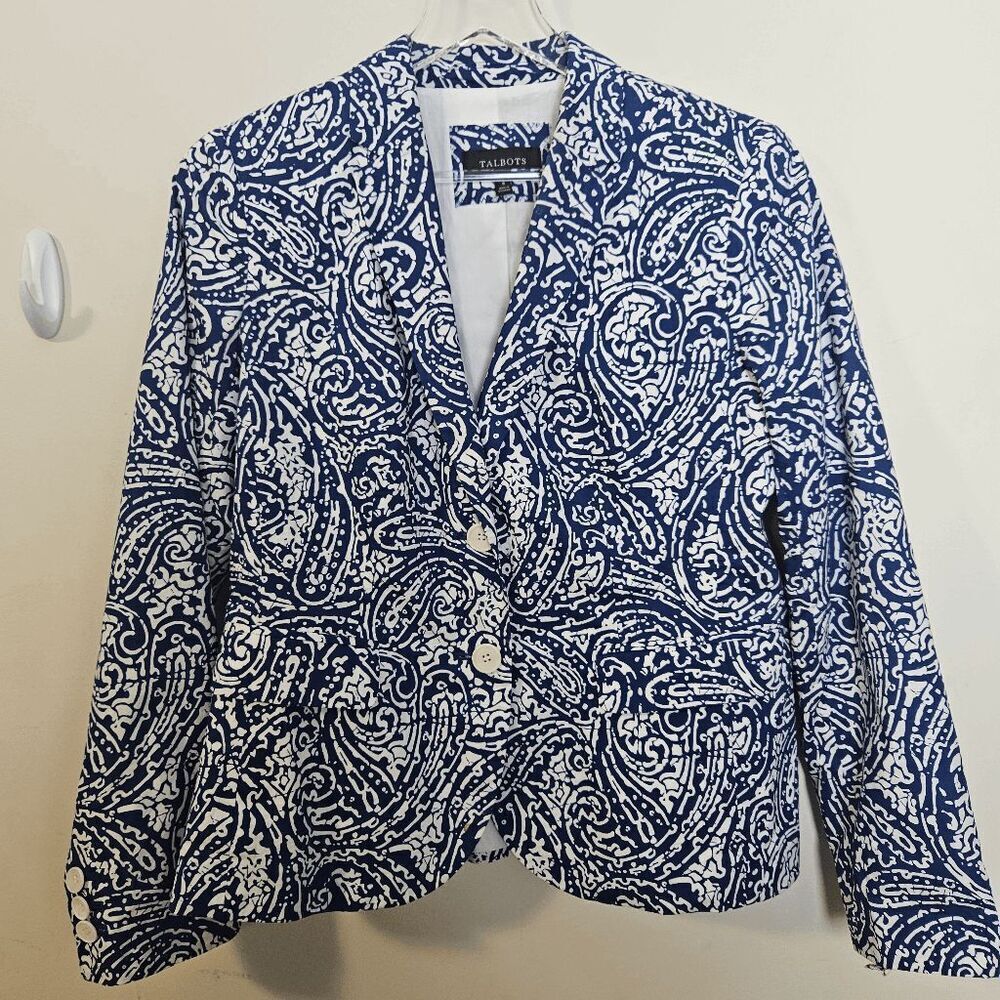 TALBOTS Size 8 White Blue Paisley Batik Print Lightweight Summer Blazer Jacket